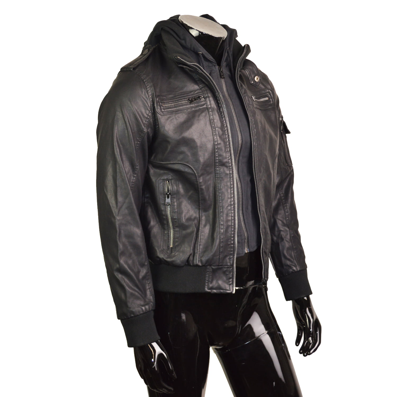 LRG Men's Faux-leather Hooded Bomber Jacket in Black for Men