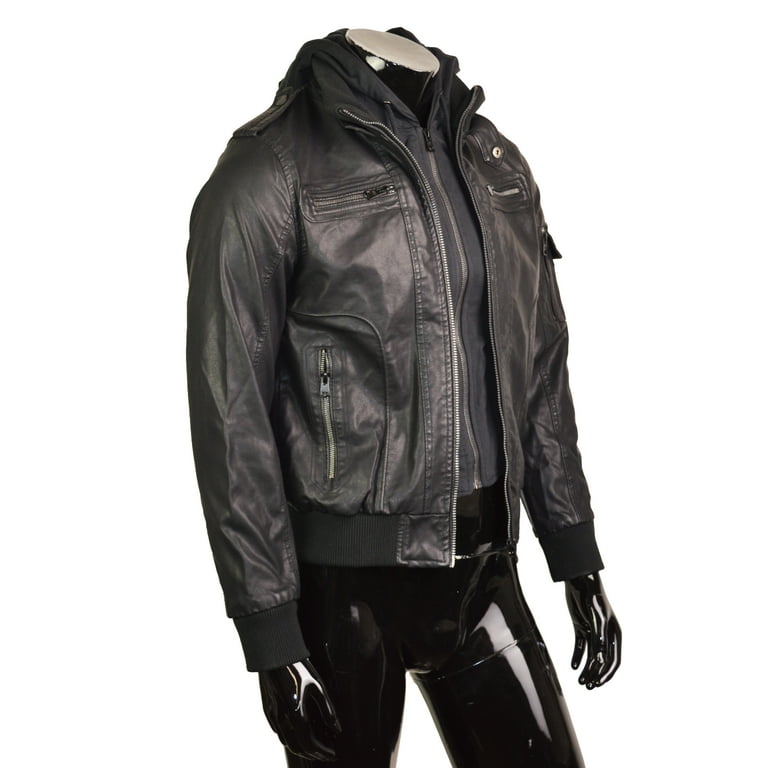 Men's Faux Leather V Bomber Jacket with Detachable Faux Fur Hood