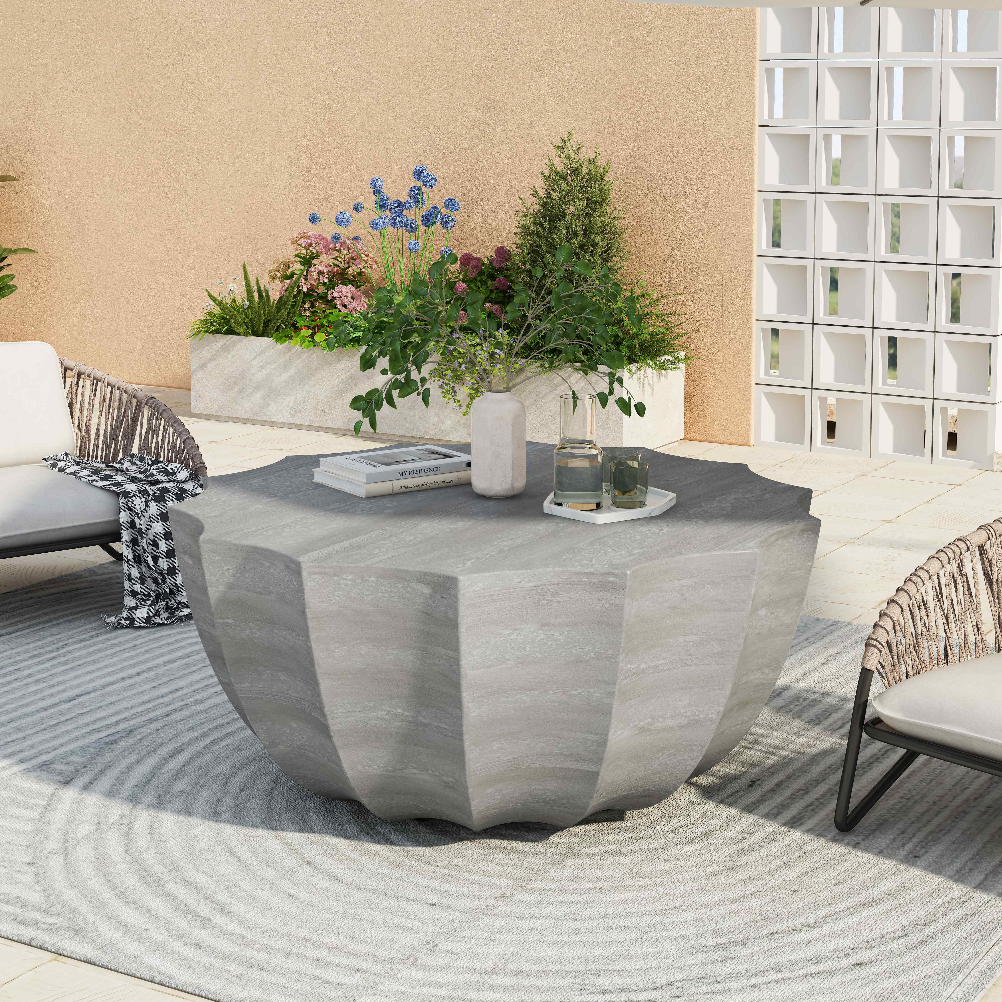 FFH 35.43" Coffee Table for Outdoor and Indoor, Waterproof Round Coffee Table for Living Room, Patio, Durable MgO Cement Design, Marble White