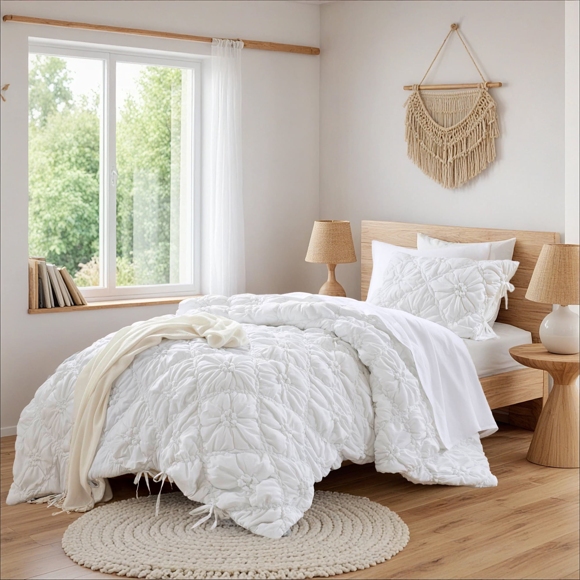 Regency Heights Twin/Twin-XL Textured Floral Comforter Set, Puffy Bow Tie Dorm Bedding Sets, 2-Piece White Elastic Ruching Comforter Bed Set with Sham for All Season