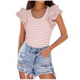 thumbnail image 2 of iHengLiXing Clearance Plus Size Spring Tops for Womens Dressy Casual Fashion Women's Ruffled Stripe Casual Self Cultivation Short Sleeved Round Neck Top Pink M, 2 of 9