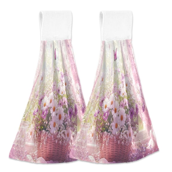 BZSMCE Hanging Hand Towels Fashion Basket Of Daisies and Butterflies Pattern 2-Pack - Velcro Style Bathroom Kitchen Towels