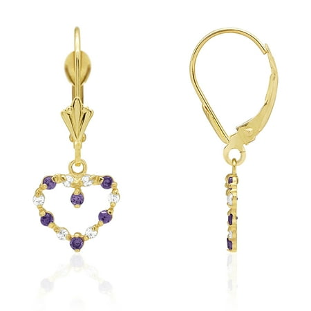 14k Zircon Earrings - Birthstone & Zircon Open Heart Dangle Drop Leverback Earrings 14k Yellow Gold