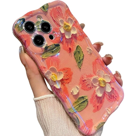for iPhone 13 Pro Max Case, Colorful Retro Oil Painting Printed Flower Laser Glossy Pattern Cute Curly Wave Edge Exquisite Phone Cover Stylish Durable TPU Protective Case (Peach)