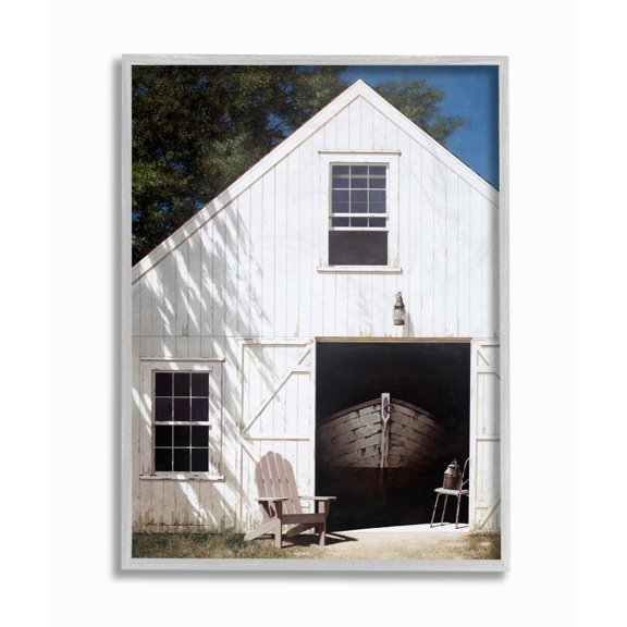 Stupell Industries Boat Behind Barn Door Rural Realistic Painting Framed Wall Art Design by Zhen-Huan Lu, 16" x 20", Gray Framed