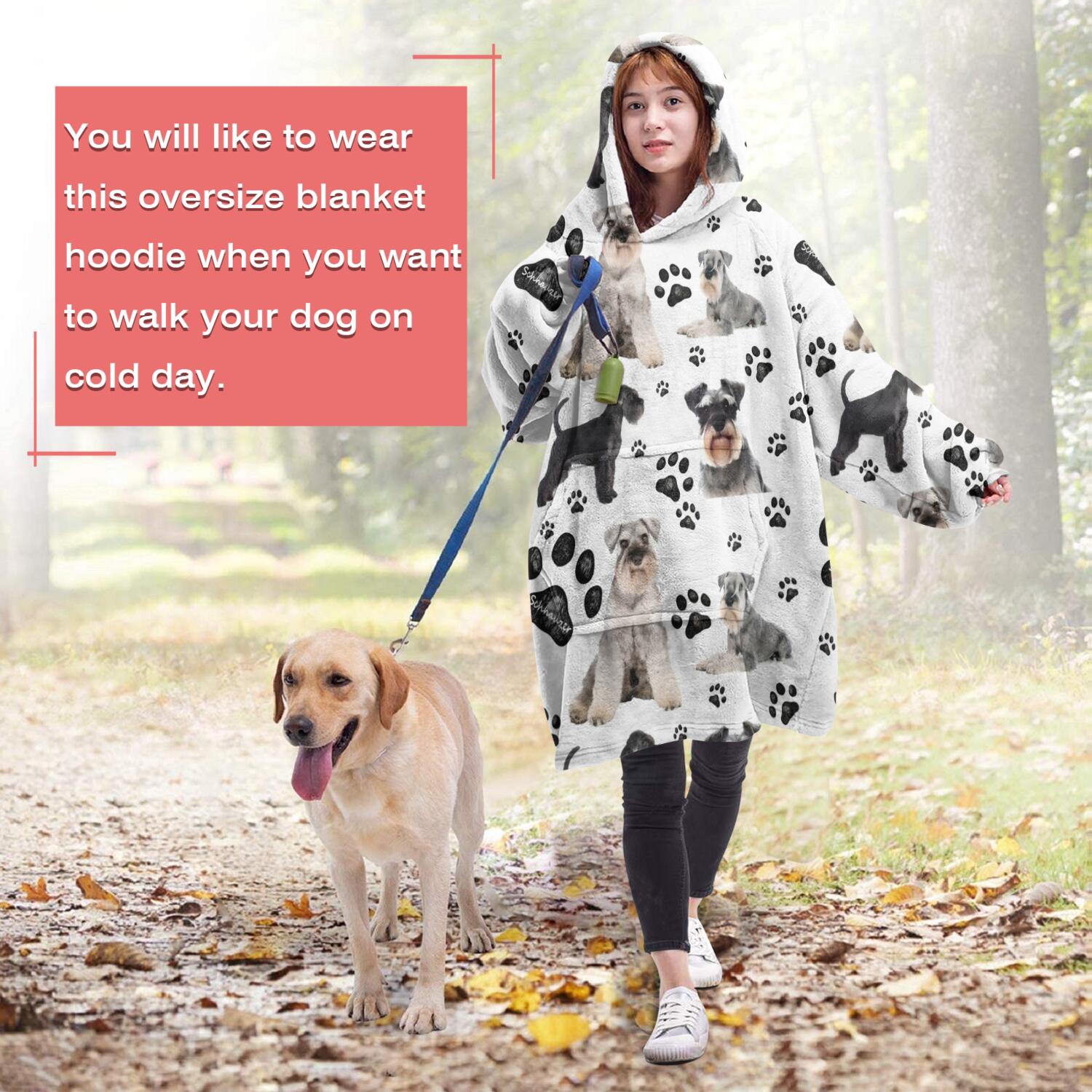 Schnauzer Dog and Footprints Wearable Oversized Blanket,Wearable Blanket Hoodie for Adults,Cozy Hooded Blankets with Super Pockets,Super Warm Fuzzy Pullover for Women & Men