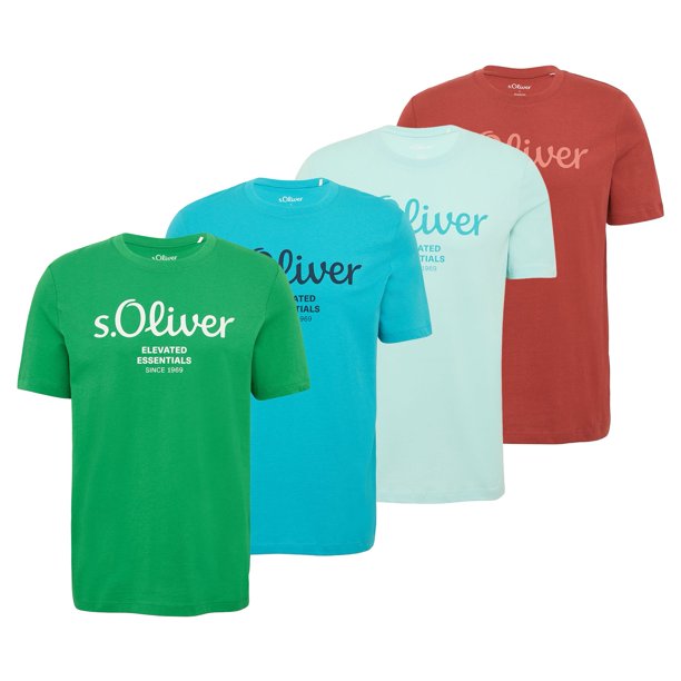 s.Oliver Camiseta para hombre, pack de 4 - básica, estampado logo, cuello redondo, algodón Rojo/Turquesa/Turquesa/Verde M (Medium)