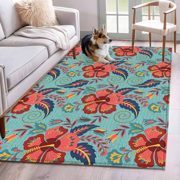 Teal Red Boho Floral Area Rug 3x5 Washable Rug Non Slip Vintage Southwestern Ethnic Tribe Large Area Rug Indoor Floor Carpet for Entryway Bedroom Kitchen Living Room Home Office Dining Room Nursery