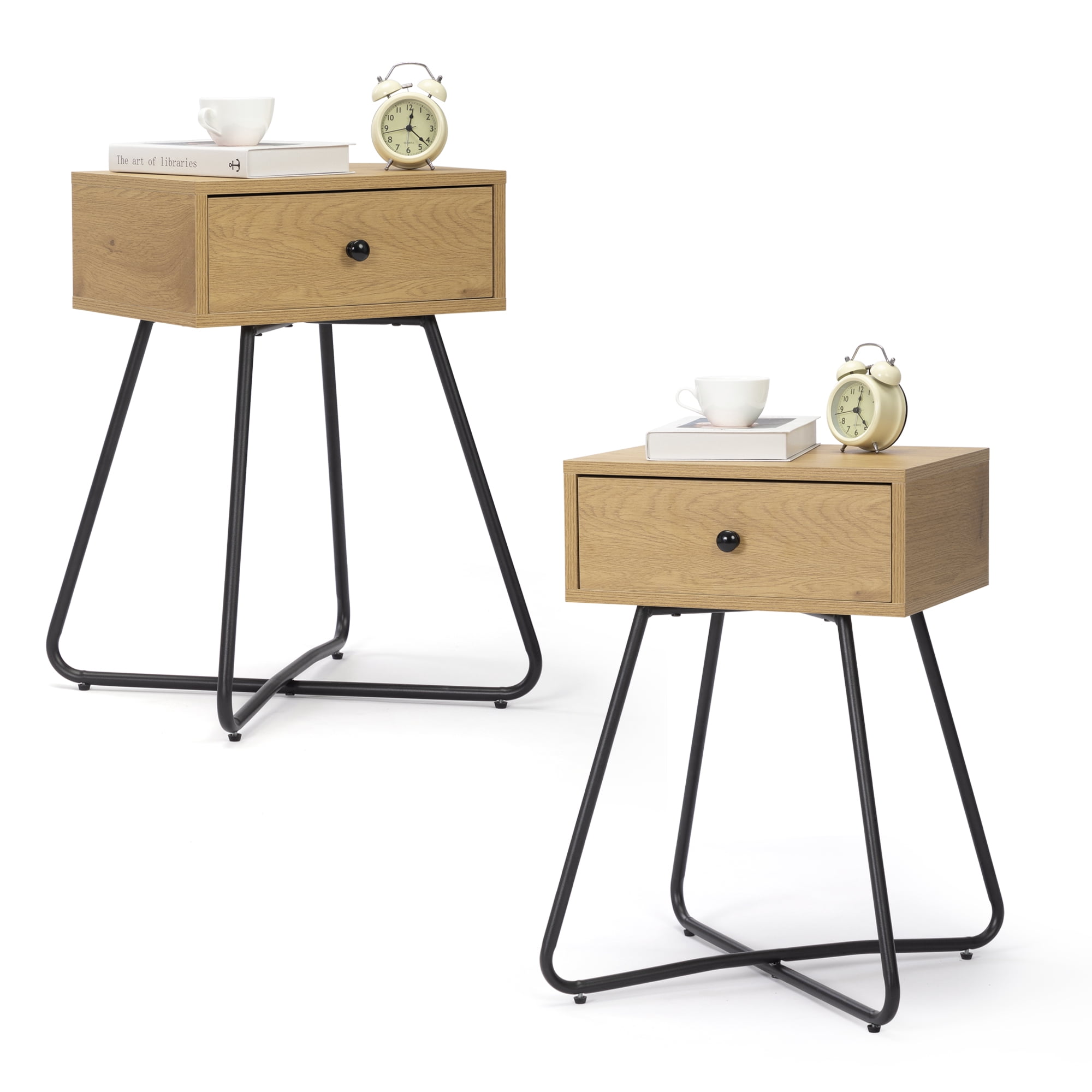 Farmhouse Nightstand Set of 2 with Drawer, MidCentury Modern Bedside