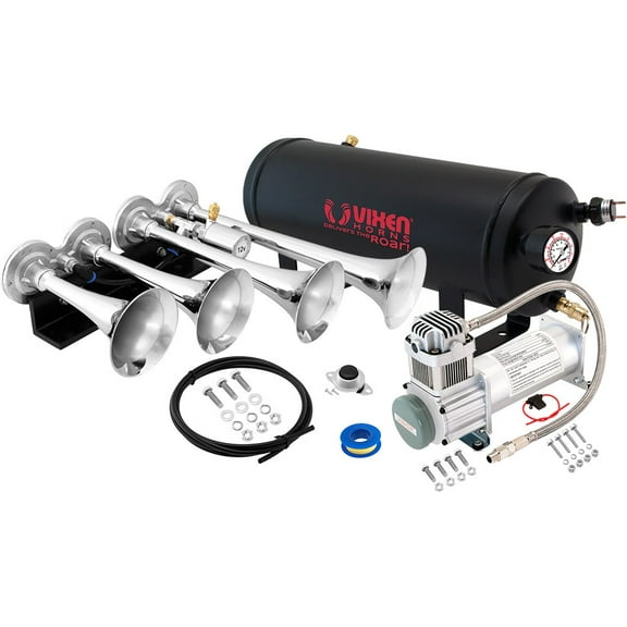 Vixen Horns Train Horn Kit for Trucks/Car/Semi. Complete Onboard System- 200psi Air Compressor, 1.5 Gallon Tank, 4 Trumpets. Super Loud dB. Fits Vehicles like Pickup/Jeep/RV/SUV 12v VXO8315/4124C