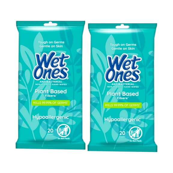 Wet Ones Antibacterial Plant Based Fiber Hypoallergenic Hand Wipes, 20 Count - Pack of 2