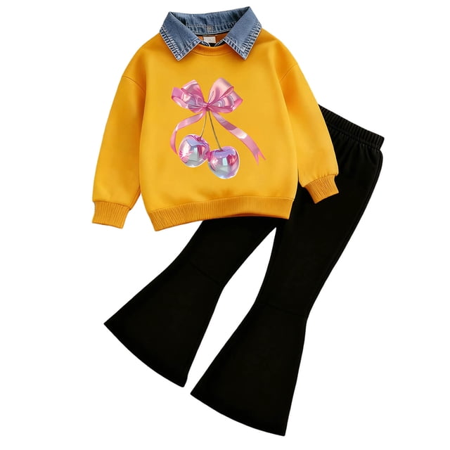 Caqnni Girl Lightweight Pullover Soft Polo Neck Sweatshirt and Flowy Flare Pants Two-Piece Comfort Set for Spring and Fall(Yellow,4-5 Years)