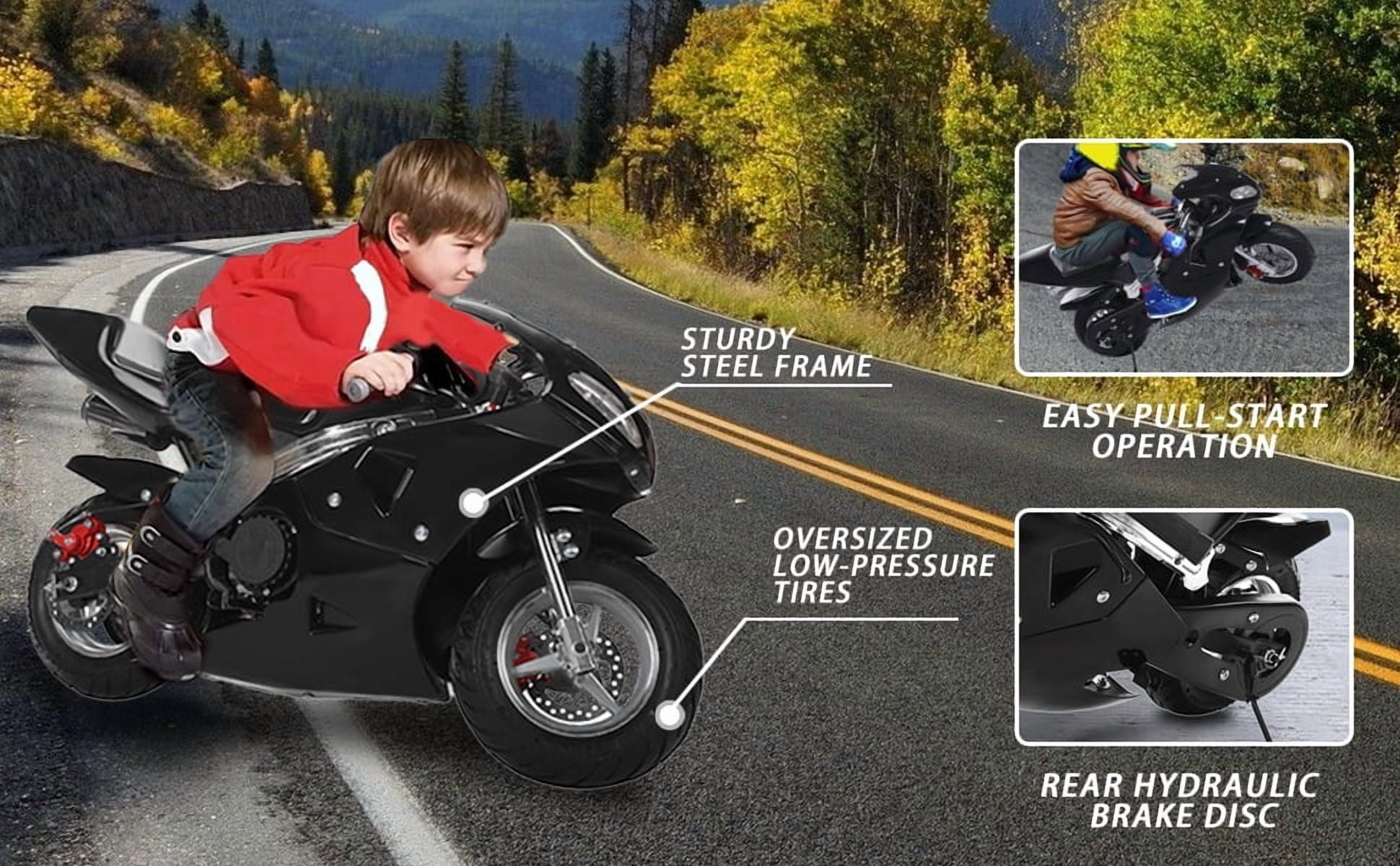 Mohsoe 49cc 2-Stroke Mini Motorbike, Gas Powered Kids Pocket Bike with Front & Rear Disc Brakes, Dual Headlights, Chain Drive with Cover, Pull Start, Recommended Age Over 13, 40 x 21 x 23 Inch
