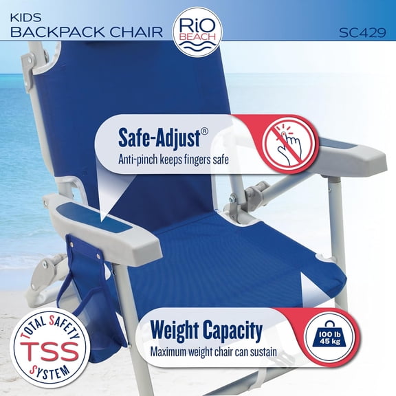 Rio Beach Kid's 5-Position Lay Flat Backpack Folding Beach Chair, Blue