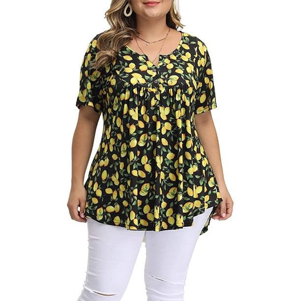 Guzom Womens Summer Tops- Loose Oversized Casual Button down Short Sleeve  Shirts Print V-neck Plus Size Blouses Yellow XXL