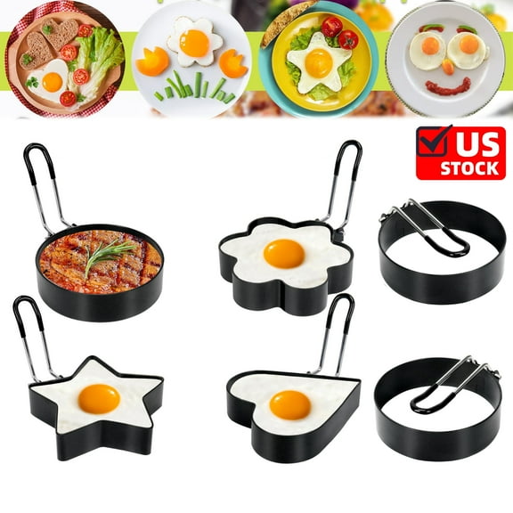 Egg Rings 6 Pack, Stainless Steel Egg Cooking Rings, Round Pancake Mold for Frying Eggs, Omelet and Muffins, Non-stick Fried Egg Mold Ring with Oil Brush and Slotted Spatula, 4 Shapes