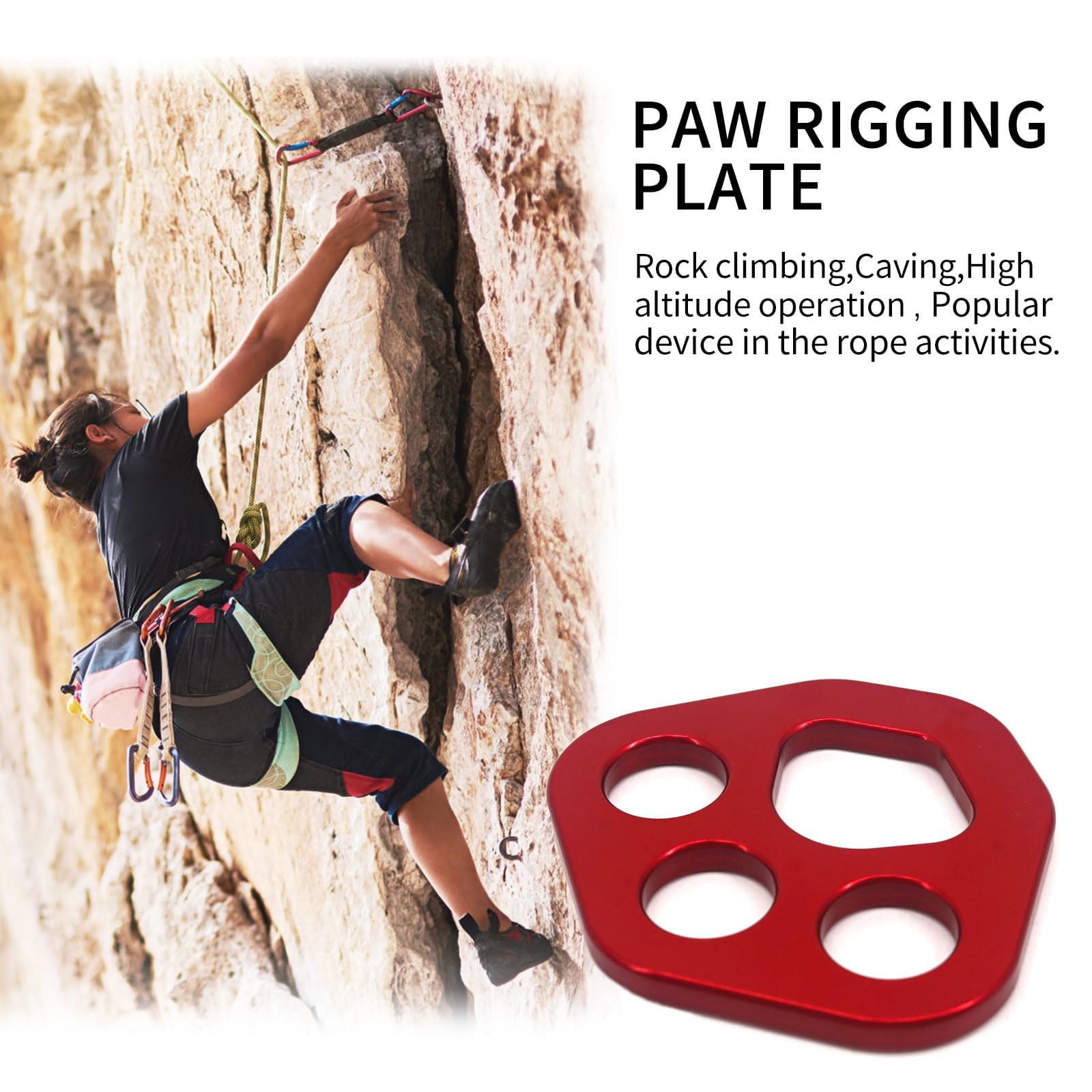 Red Descender Plate Paw Rigging Plate 4 Holes Rock Climbing Gear, 30KN Bear Paw Rigging Plate