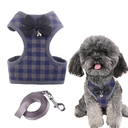 Feelers Pet Cat Dog Harness and Leash for Walking, Soft Adjustable Vest Harnesses, Grid, Blue