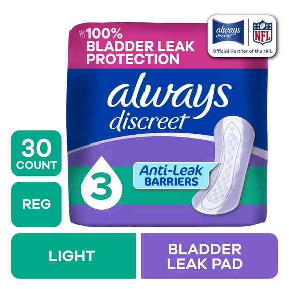 Always Discreet Women's Incontinence Pads, Light Absorbency, 30 Count - 2 Pack