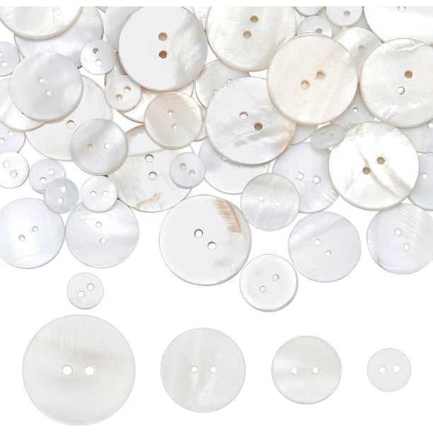 70 botones blancos de nácar auténtico, de concha natural, de 10/16/20/25 mm, planos, redondos, de 2 agujeros, para trajes y camisas.