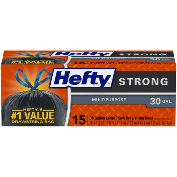 Hefty Strong Multipurpose Large Black Trash Bags, 30 Gallon, 15 Count