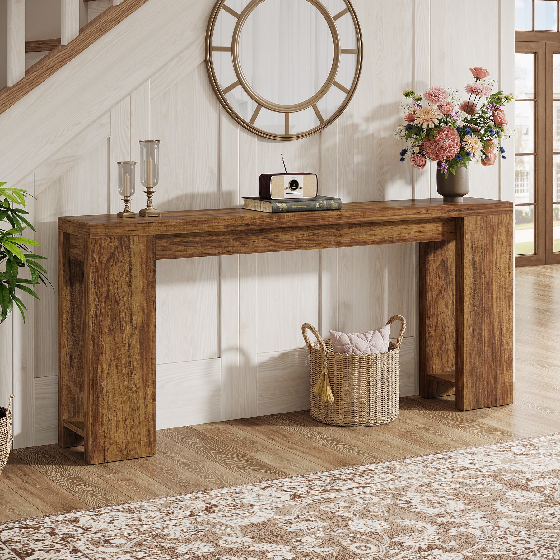 Tribesigns 70.9" Farmhouse Console Table, Wood Sofa Table Behind Couch, Narrow Long Entryway Table for Hallway, Walnut Brown