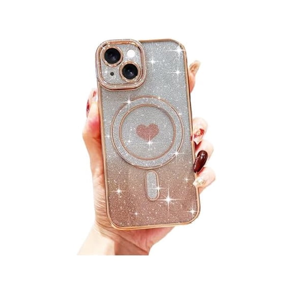 Magnetic for iPhone 14 Case Glitter, Cute Love Heart Plating Luxury Sparkle Bling Clear Cover for Women Girls Silicone Anti-Scratch Camera Protection Shockproof Phone Case for iPhone 14, Gold