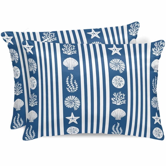 Navy Blue Striped Coastal Pillow Cases Standard Size Set of 2, Smooth Satin Pillowcase for Hair and Skin, Nautical Beach Starfish Shell Decorative Cooling Bed Pillow Covers with Zipper, 20x26 Inches