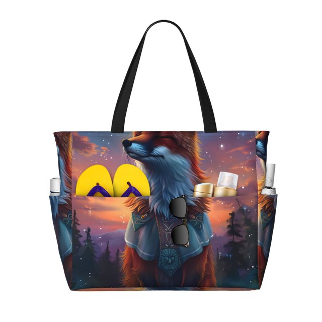 Disketp Starry Sky Meditating Fox Bolsa de Playa de Gran Capacidad, Bolso Impermeable y a Prueba de Arena para Mujer, Ideal para Playa, Piscina y Natación