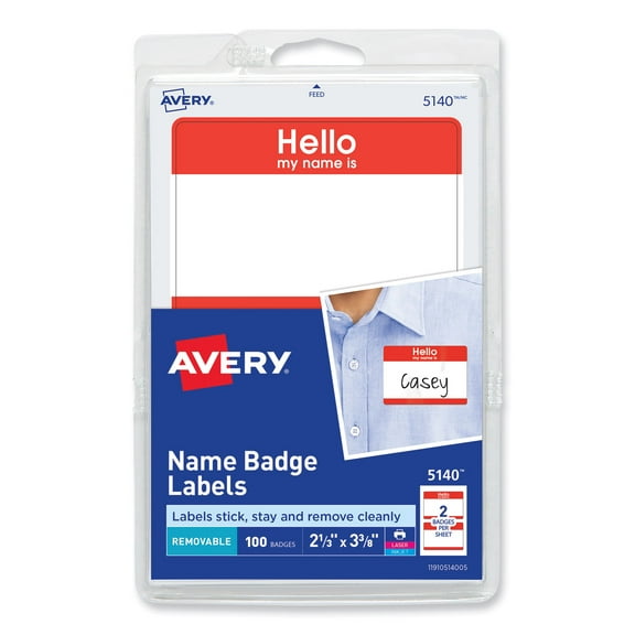 Printable Self-Adhesive Name Badges, 2 1/3 X 3 3/8, Red "hello", 100/pack