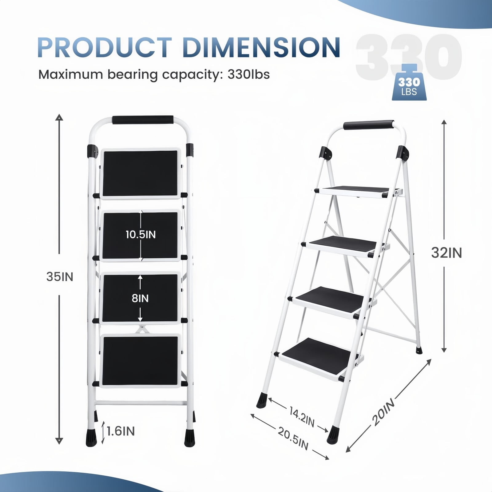 Kelno 4 Step Folding Step Stool 330Lbs Heavy Duty Step Ladder with Anti Slip Pedals Safety Handrail, Black White