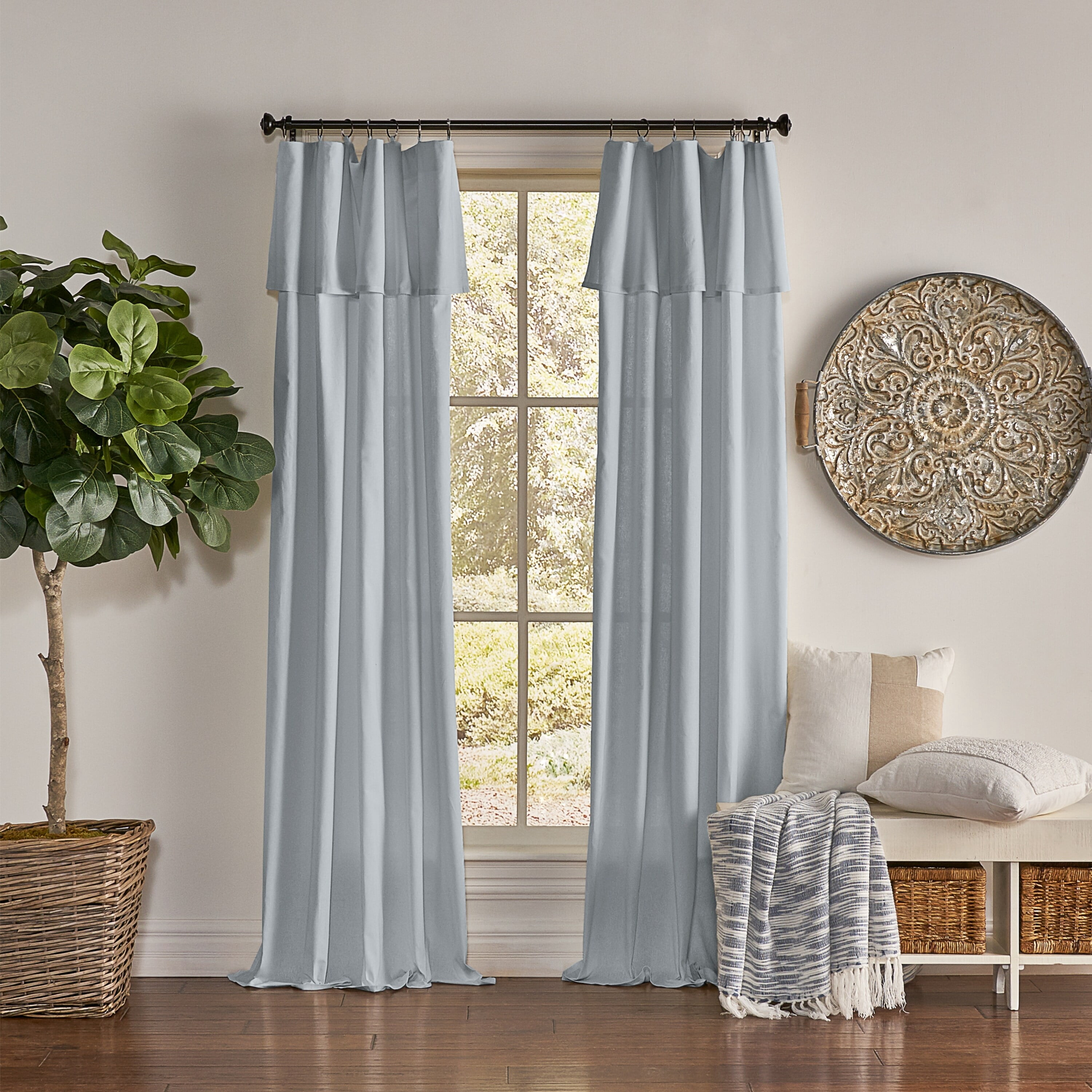 Mercantile Drop Cloth Light Filtering Ring Top Tab Farmhouse Curtain Panel with Valance Wave Blue 95 Inches
