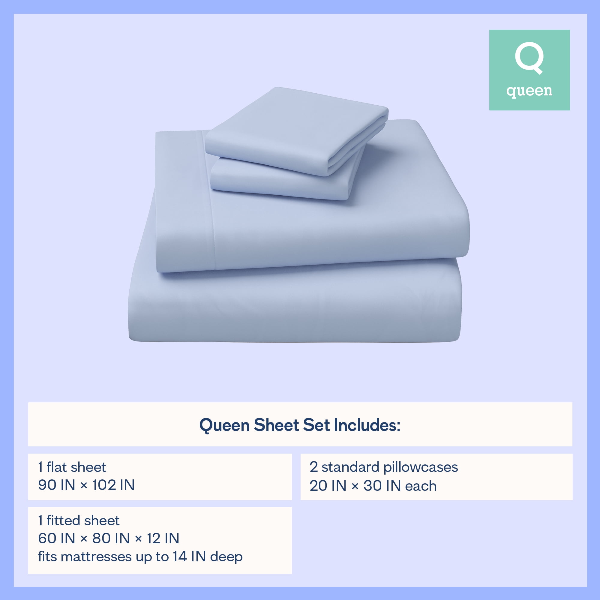 Mainstays Kids Microfiber Bed Sheet Set, Queen, Light Blue, 4 Pieces