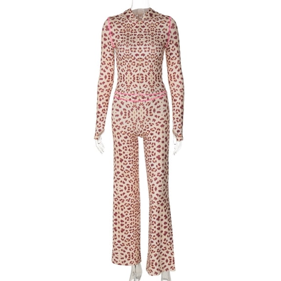 Leopard Print Hoodie Jacket and High Waist Skinny Pants Set for Women