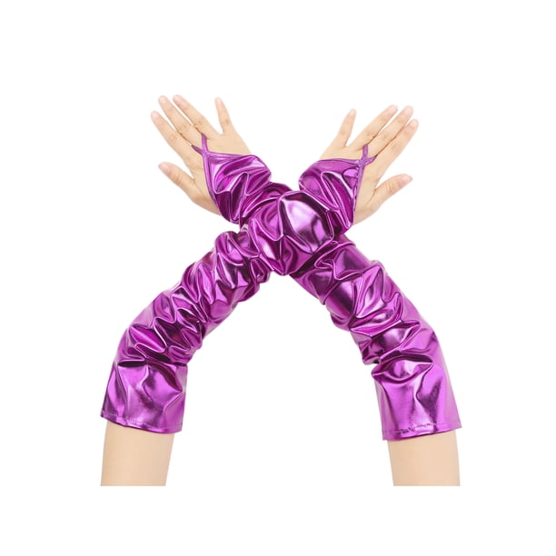 Guantes sin dedos metálicos brillantes Inspire Chic para mujeres con bucle para los dedos, calentadores de brazos para fiesta disco, talla única, púrpura