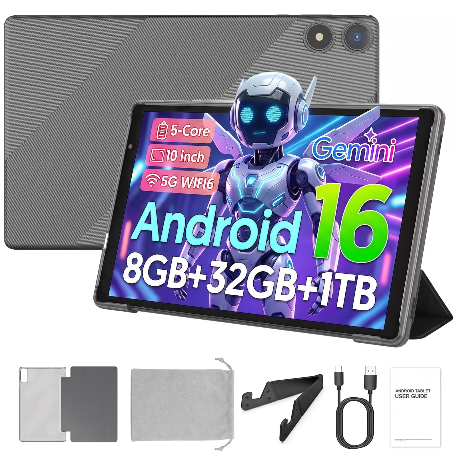 PUTECCH Android 16 Tablet 10 inch Tablets,1280 x 800 IPS, 3GB+32GB (up to 1TB),Penta-core,5G WiFi 6,6000mAh,with Case & Stand & Storage Bag - Grey