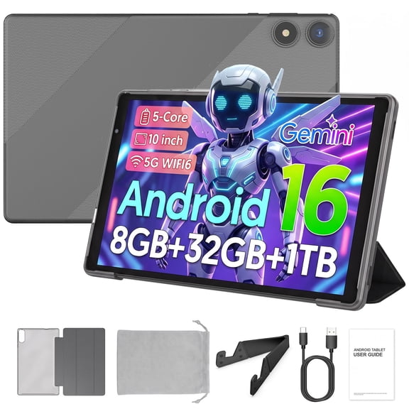 PUTECCH Android 16 Tablet 10 inch Tablets,1280 x 800 IPS, 3GB 32GB (up to 1TB),Penta-core,5G WiFi 6,6000mAh,with Case & Stand & Storage Bag - Grey