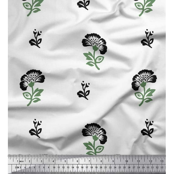 Soimoi Satin Silk Fabric Leaves & Floral Block Printed Fabric 1 Yard 42 Inch Wide