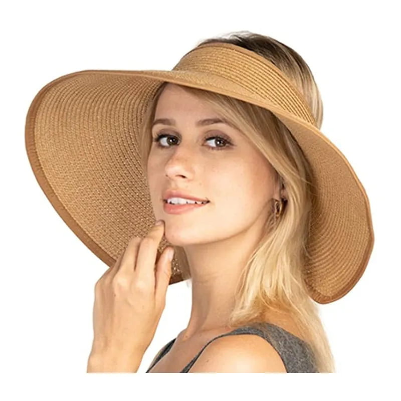 Womens Foldable Straw Sun Hat Portable Wide Brim Roll up Visor Summer Beach Cap with Bowknot 