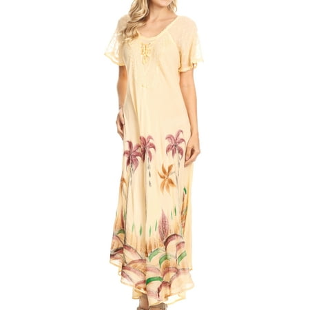 Sakkas Irem Women Everyday Caftan Long Dress Kaftan with Corset and Lace Sleeves - Cream - One Size Regular