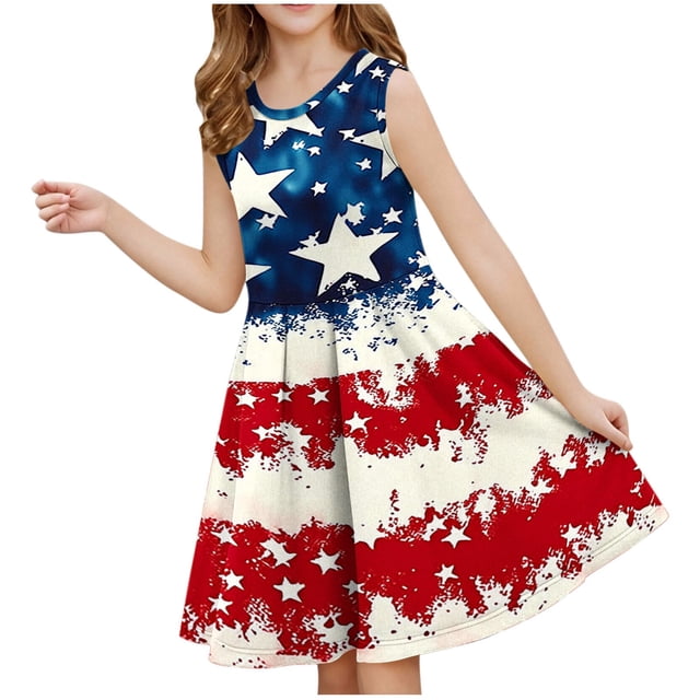 Odeerbi Niñas Día de La Independencia A-Línea Vestido de Tanque Verano Patriótico Estrella Raya Cuello Redondo Vestido de Sol Casual