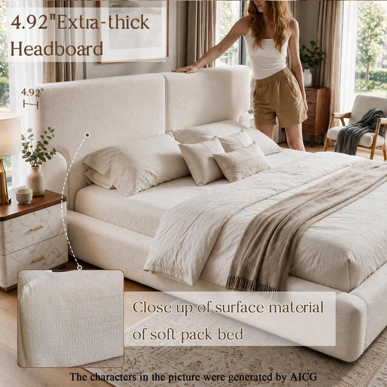 Miniyam King Upholstered Platform Bed Frame with 4.92" Padded Headboard, Jacquard Fabric Low Profile Bed, Cream White