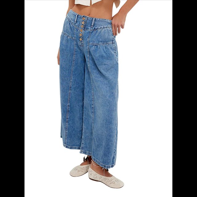 Pantalones Vaqueros Anchos para Mujer, Holgados, con Cintura Elástica, Botones, Estilo Boyfriend, Informales, Sueltos, con Bolsillos. Azul Profundo L