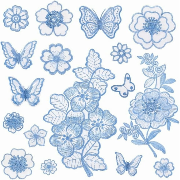 16Pcs Embroidery Lace Appliques 16 Styles Butterfly Lace Trim Flower Sew On Patch Appliques DIY Sewing Craft for Wedding Bridal Dress Decoration (Blue)
