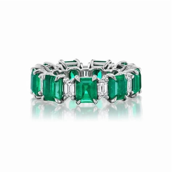 Emerald Cut Diamond Band, Full Eternity Diamond Wedding Band, Green Emerald Anniversary Band, Luxurious Gemstone Band, 14K White Gold Plated, 2.5 Ct Simulated Emerald And Diamond