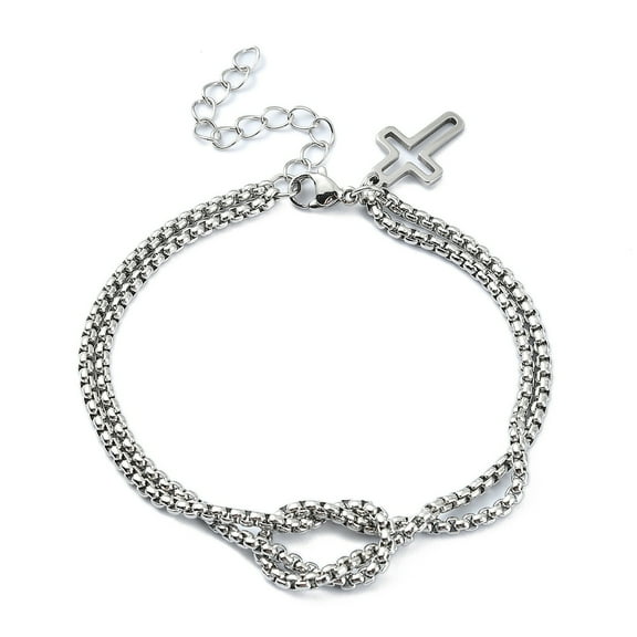 7 pc Tarnish Resistant 304 Stainless Steel Hollow Cross Charm Bracelet with Double Layer Box Chains Stainless Steel Color 7-1/2 inch(18.9cm)