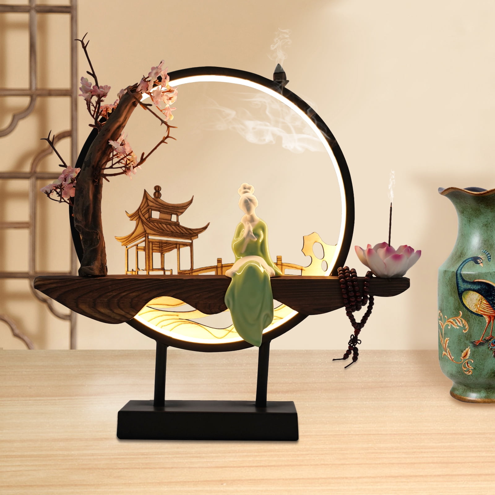 Ceramic Backflow Incense Burner Holder, Waterfall Lotus Heart Indoor Tabletop Decor