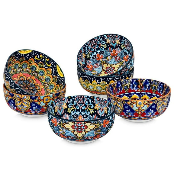 28 fl. oz. Black-green Orange Blue Porcelain Cereal Bowls Set of 6, Double-Sided Pattern Serving Bowls Soup Bowls