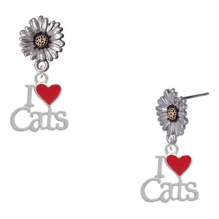 Delight Jewelry Silver-tone I Love Cats with Red Heart – Two-tone Daisy Flower Post Earrings