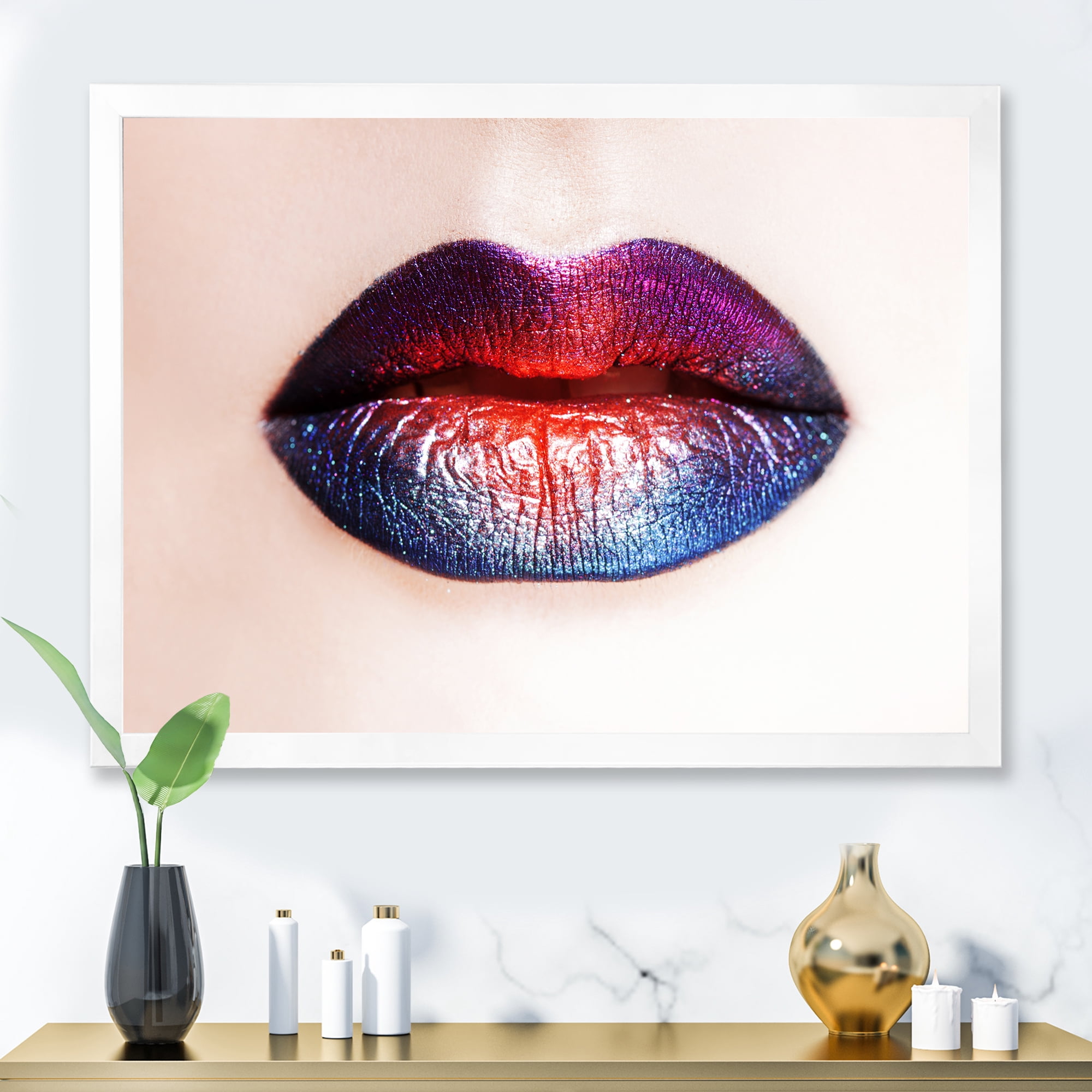 Designart 'Female Lips With Bright Multicolored Lipstick' Modern Framed Art Print